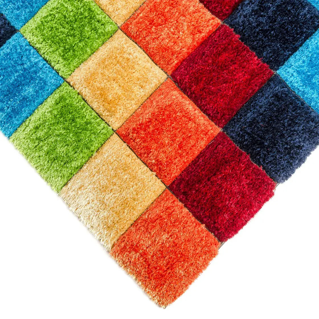 Colorful Kidora decorative rug featuring vibrant squares in green, blue, red, and orange, perfect for kids' rooms.