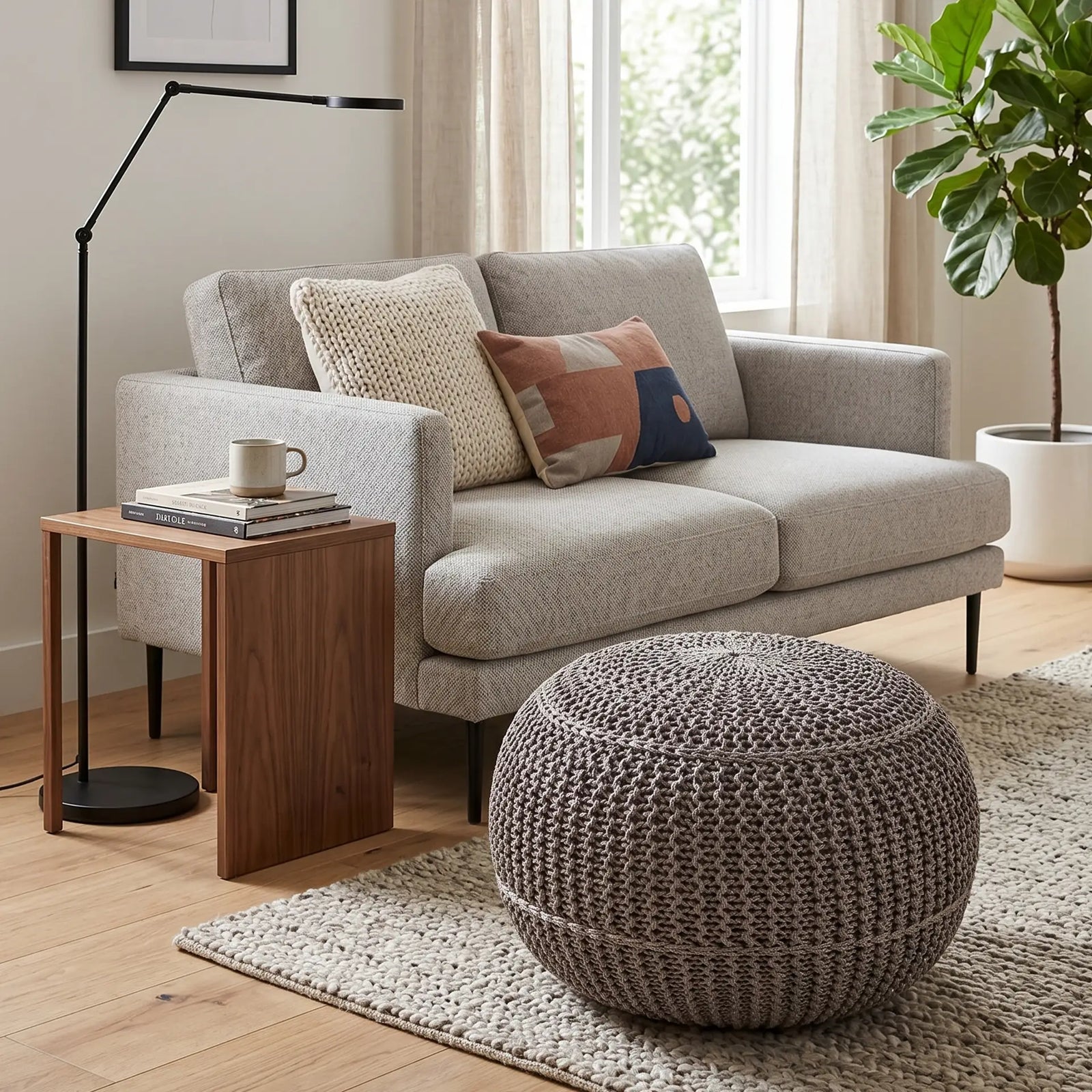 Sala moderna con otomana Metropolis gris sobre tapete de área, estilo contemporáneo y cómodo - Tufan