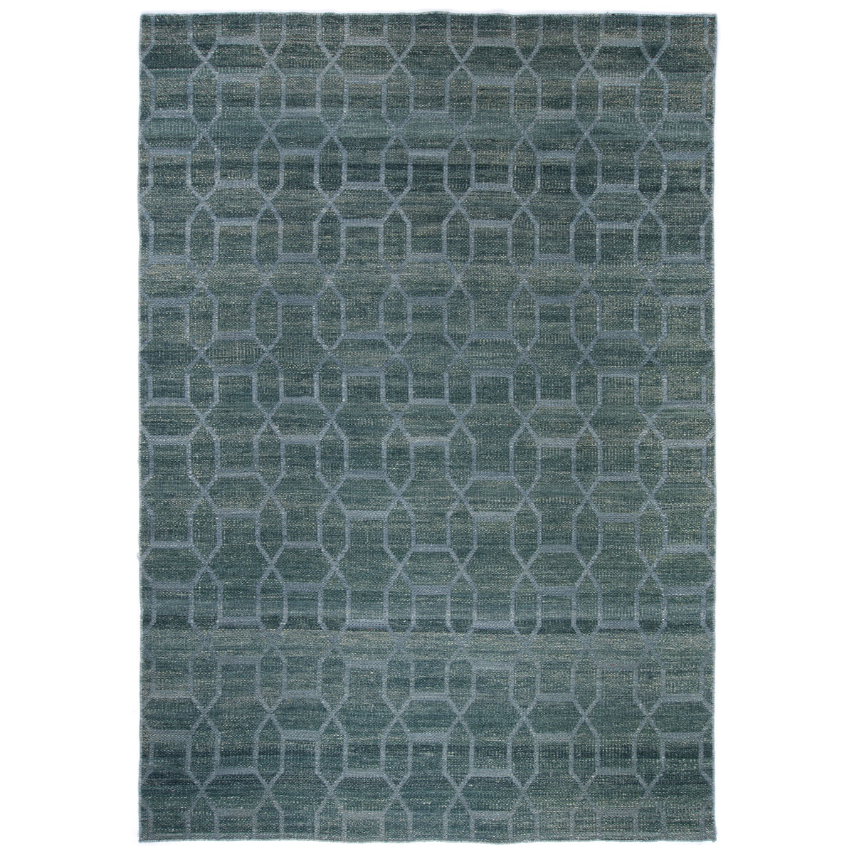Tapete artesanal Kilim Linka 02 de lana y algodón con diseño geométrico azul para sala moderna - Tufan.