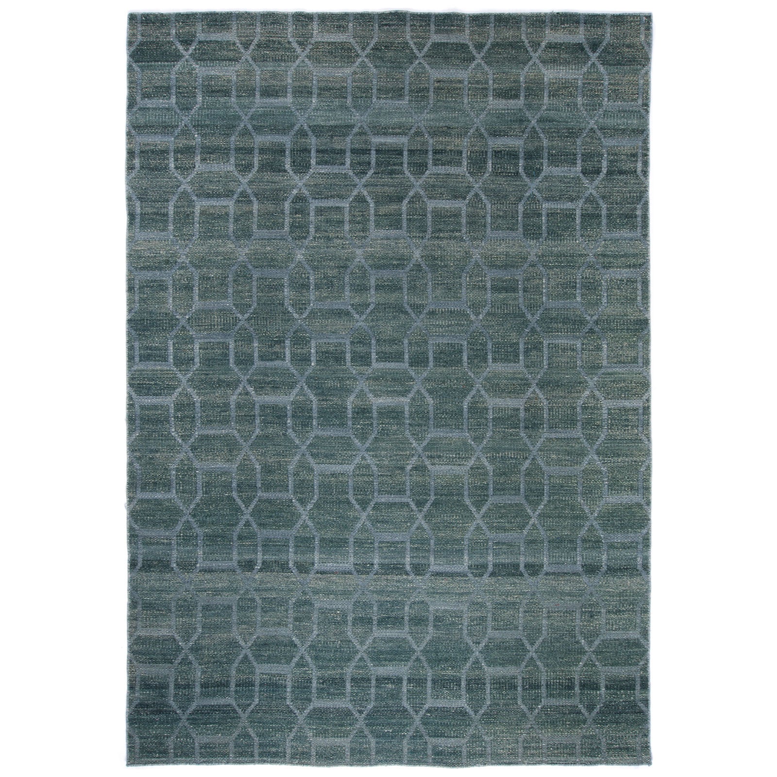Tapete artesanal Kilim Linka 02 de lana y algodón con diseño geométrico azul para sala moderna - Tufan.