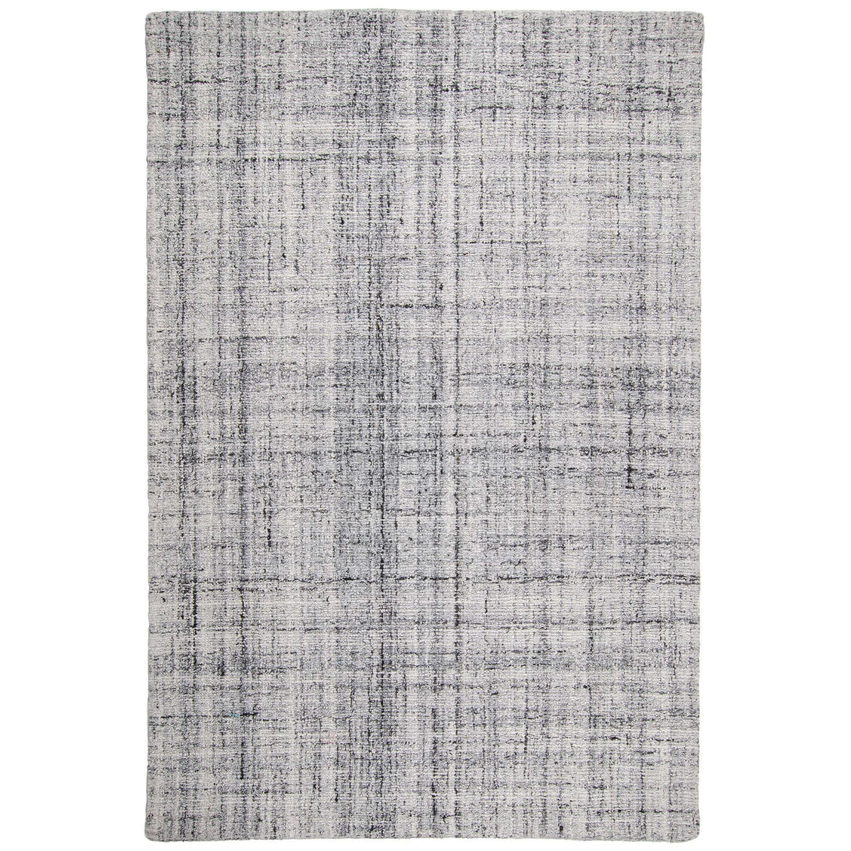 Tapete decorativo Mariel 02 minimalista de lana color gris y negro con textura desgastada para sala o comedor moderno - Marca Tufan.