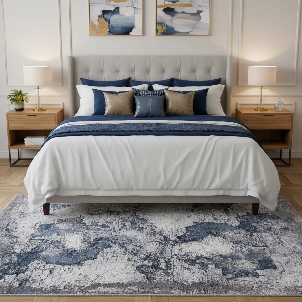 Tapete de textura envejecida en recámara con cama de madera y acentos azules
