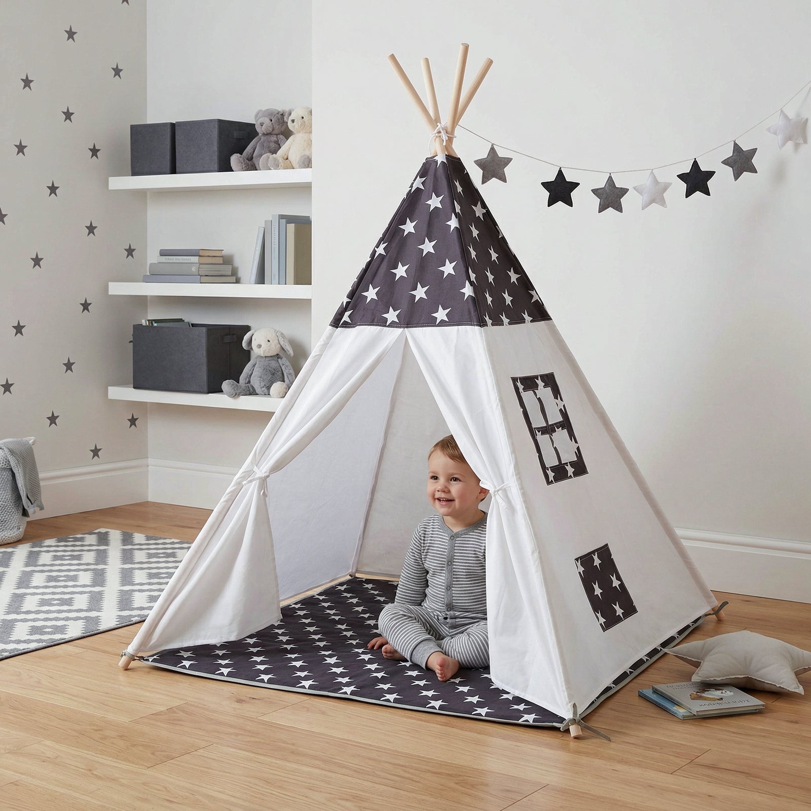 Tipi infantil bicolor con techo y base gris con estrellas blancas, paredes blancas de poliéster y ventana lateral cuadrada con cuatro paneles - Tufan