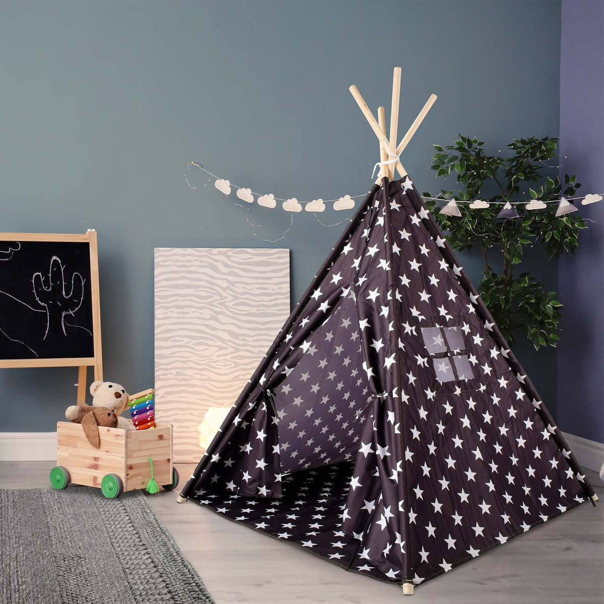 Tipi Tienda Recreativa Infantil, Negro y Blanco con Dise?o de Estrellas