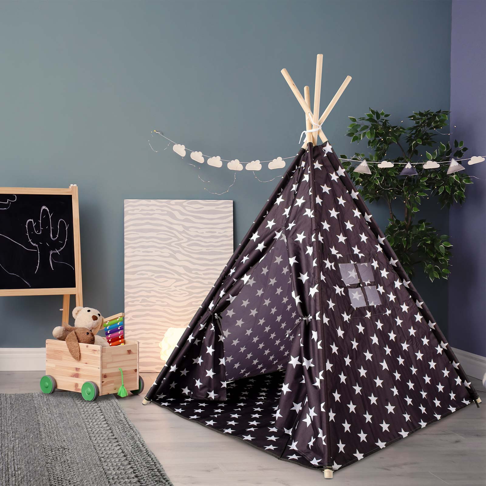 Tipi Tienda Recreativa Infantil, Negro y Blanco con Dise?o de Estrellas