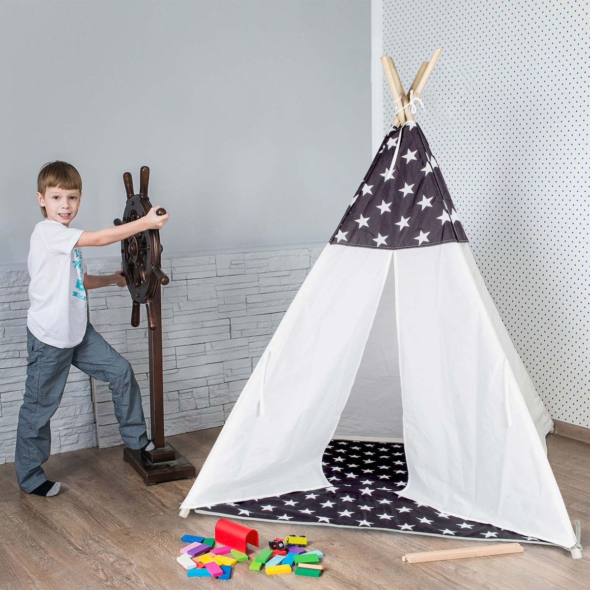 Tipi Tienda Recreativa Infantil, Blanco con Gris Estrellas