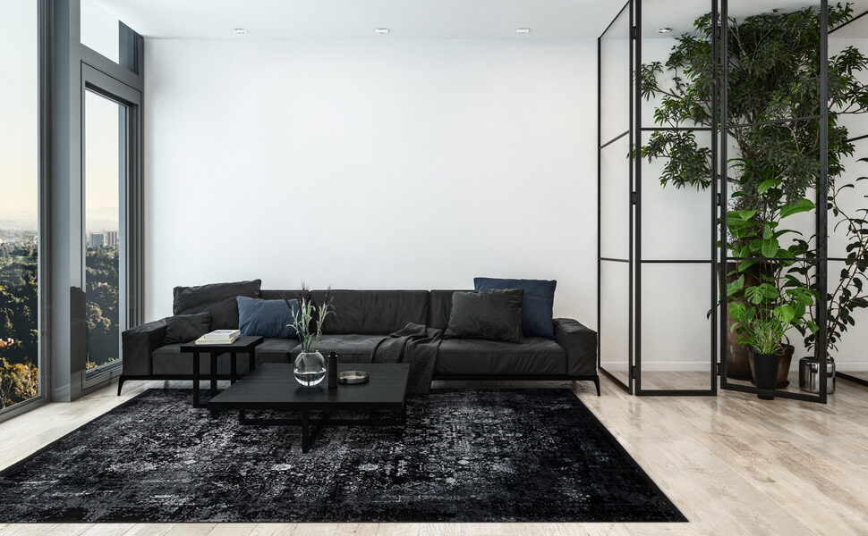 modern interior of a room with couch and huge plants