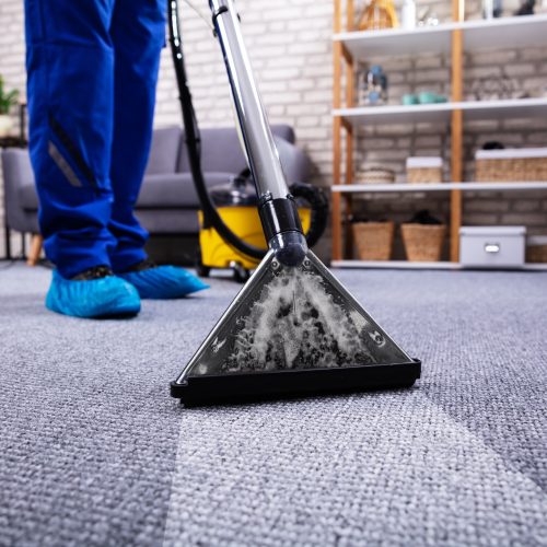 Human Cleaning Carpet In The Living Room Using Vacuum Cleaner At Home