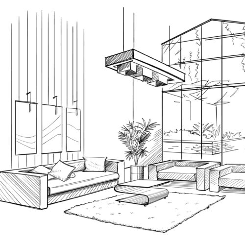 Living room interior sketch with coffee table.